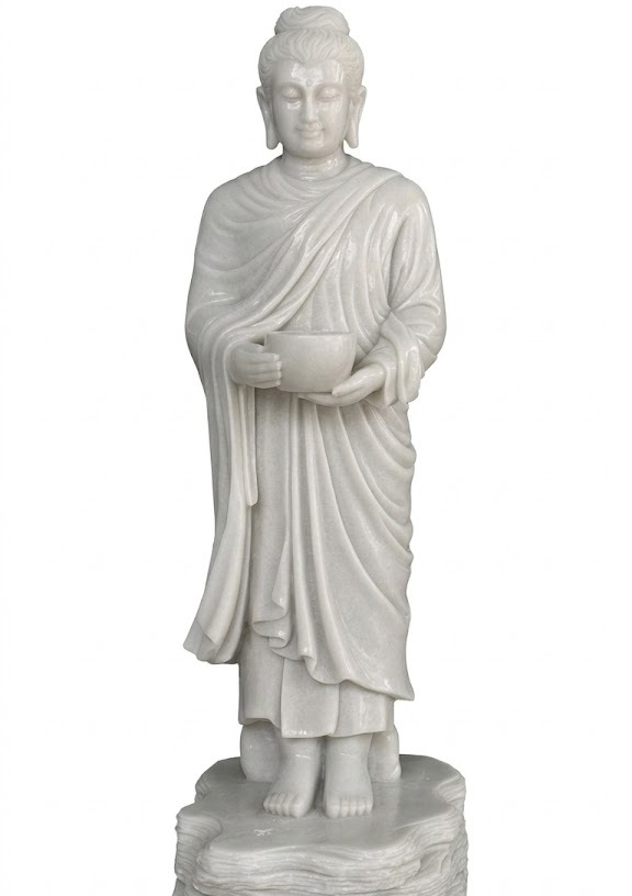 Shakyamuni Buddha holding an alms bowl, in white marble