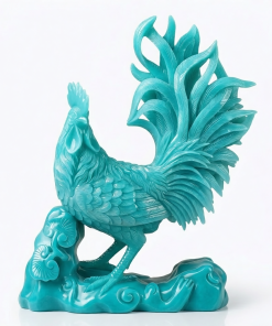 A rooster carved from turquoise by our workshop, suitable for decorative display.