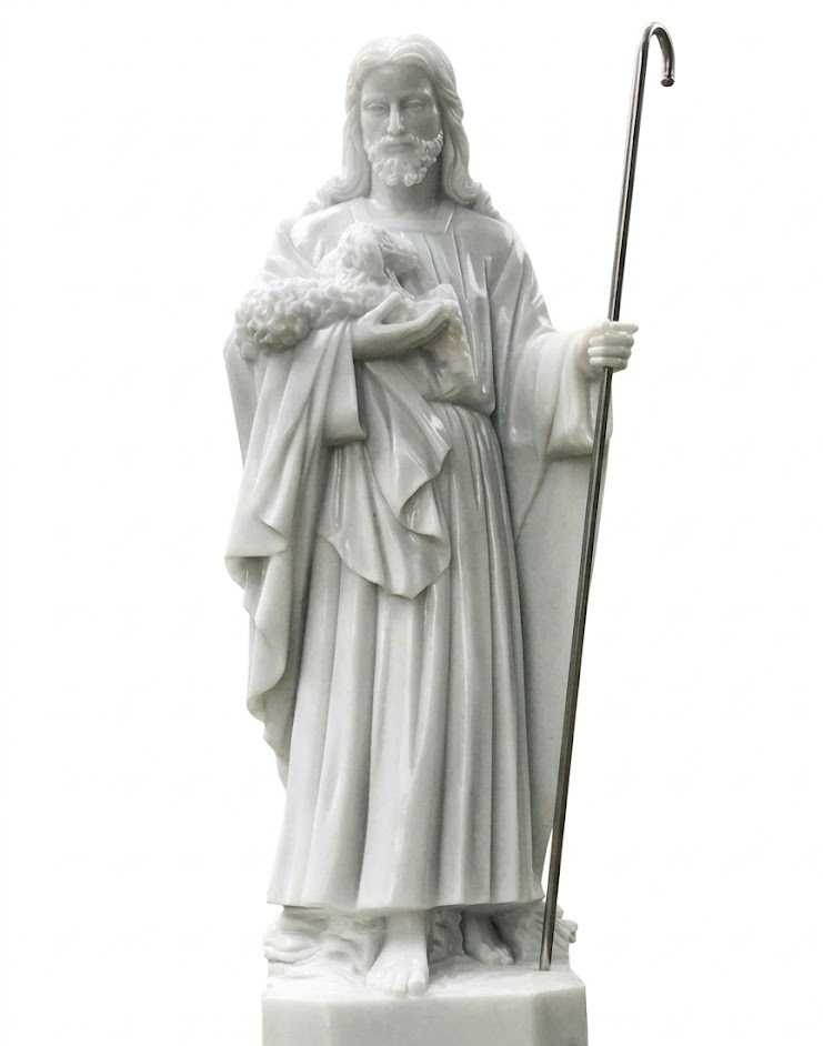 Statue of Jesus with a lamb, in white marble